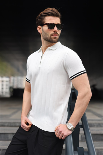 Madmext Erkek Beyaz Polo Yaka Fermuarlı Tişört 6876