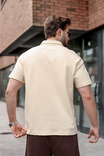 Bej Polo Yaka Oversize Erkek Tişört E7185