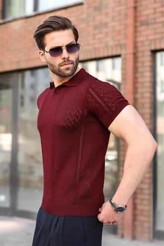Mürdüm Delikli Polo Yaka Erkek Triko Tişört E7495