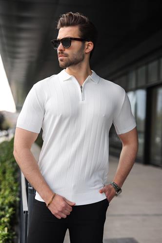 Madmext Beyaz Polo Yaka Fermuarlı Erkek T-shirt E7298