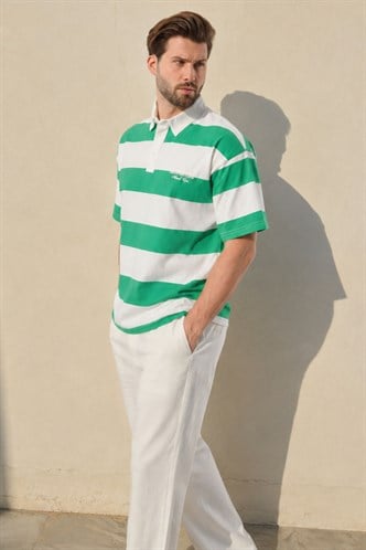 Yeşil Oversize Renk Bloklu Polo Yaka Tişört E7120