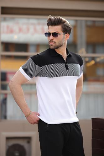 Beyaz Renk Bloklu Polo Yaka Triko Erkek T-shirt E7409