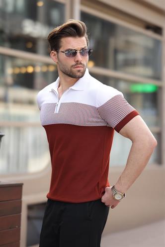 Kiremit Renk Bloklu Polo Yaka Triko Erkek T-shirt E7409