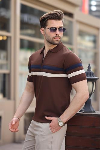 Kahverengi Fermuarlı Polo Yaka Triko Erkek T-shirt E7299