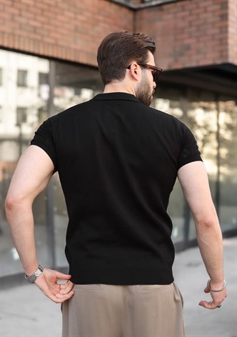 Siyah Delikli Polo Yaka Erkek Triko Tişört E7495