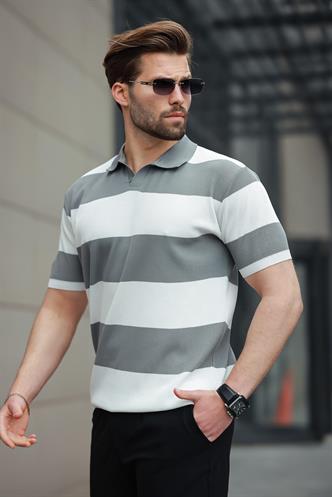 Beyaz Polo Yaka Çizgili Erkek Triko Tişört E7411