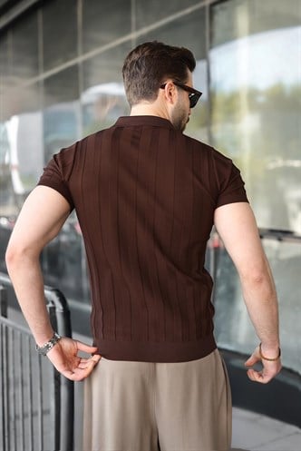 Kahverengi Slim Fit Polo Yaka Triko Erkek Tişört E7491