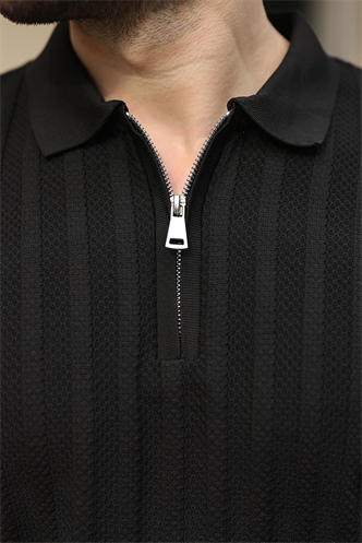 Siyah Yarım Fermuarlı Polo Yaka Erkek Triko Tişört E7458