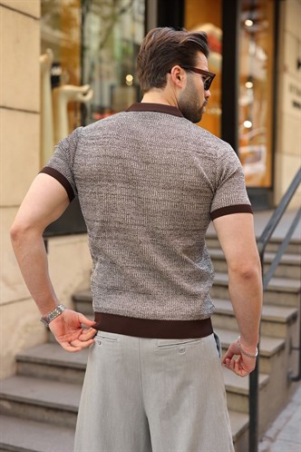 Kahverengi Polo Yaka Regular Fit Erkek Triko Tişört E7496
