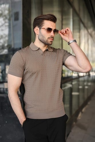 Açık Kahverengi Slim Fit Polo Yaka Triko Erkek Tişört E7472