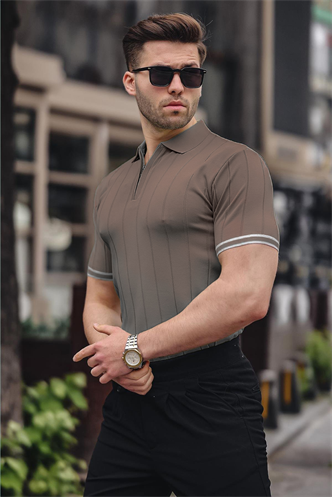 Madmext Erkek Açık Kahverengi Polo Yaka Fermuarlı Tişört 6876