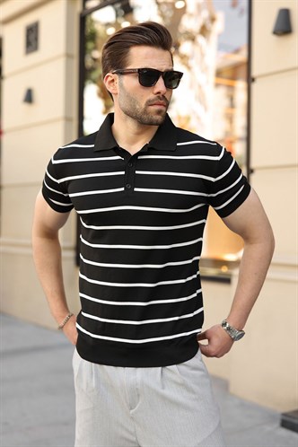 Siyah Çizgili Polo Yaka Triko Erkek T-shirt E7405