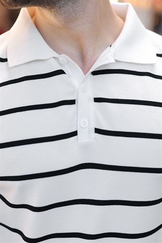 Beyaz Çizgili Polo Yaka Triko Erkek T-shirt E7405