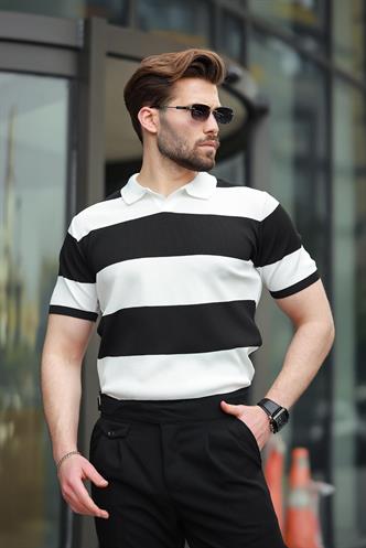 Siyah Polo Yaka Çizgili Erkek Triko Tişört E7411