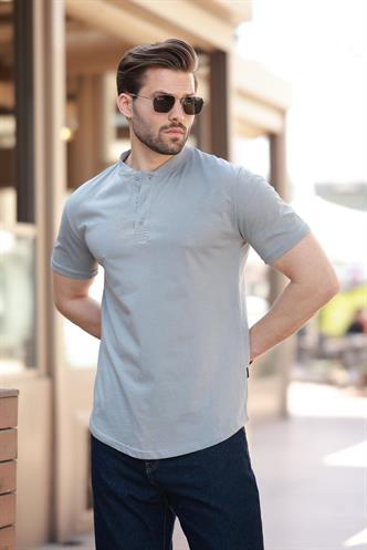 Boyalı Gri Hakim Yaka Düğme Detaylı Kısa Kollu Tişört 7021