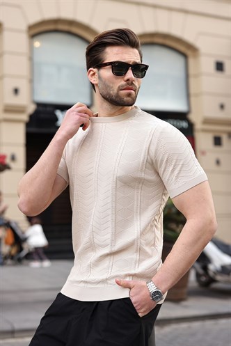 Taş Rengi Bisiklet Yaka Slim Fit Triko Erkek Tişört E7466