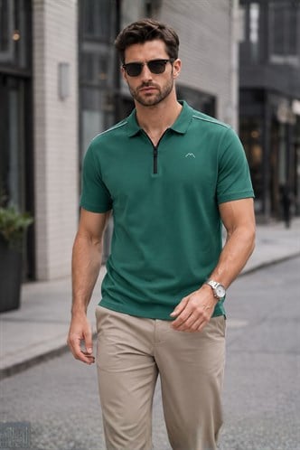 Erkek Koyu Yeşil Basic Fermuarlı Polo Tişört 6076