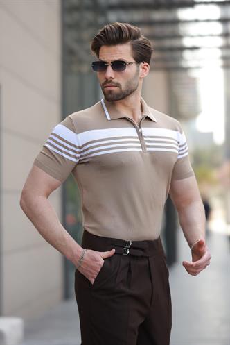 Vizon Fermuarlı Polo Yaka Erkek Triko T-shirt E7407