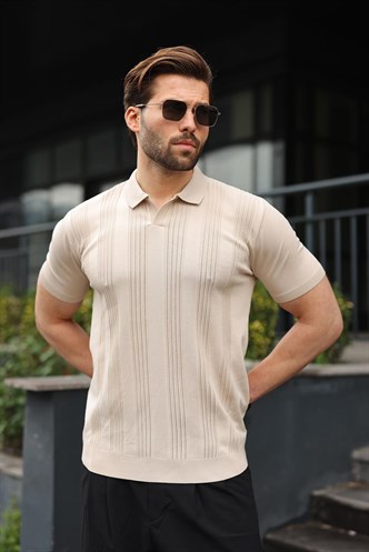 Taş Rengi Polo Yaka Triko Erkek Tişört E7469