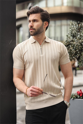 Taş Rengi Yarım Fermuarlı Polo Yaka Erkek Triko Tişört E7458