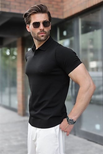 Siyah Regular Fit Polo Yaka Triko Erkek Tişört E7502