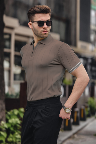 Madmext Erkek Açık Kahverengi Polo Yaka Fermuarlı Tişört 6876