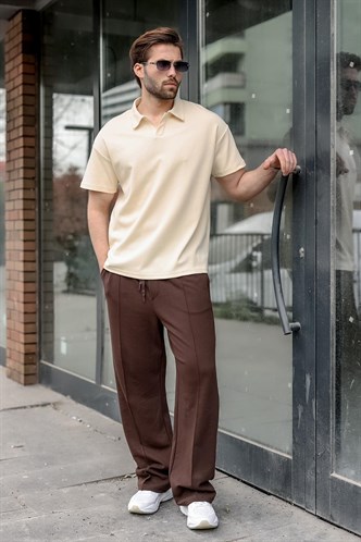 Bej Polo Yaka Oversize Erkek Tişört E7185