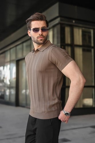 Açık Kahverengi Slim Fit Polo Yaka Triko Erkek Tişört E7491