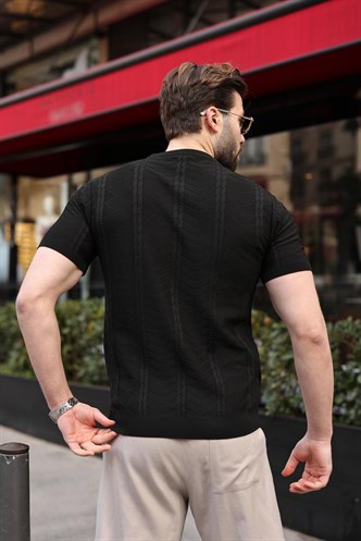 Siyah Bisiklet Yaka Slim Fit Triko Erkek Tişört E7466
