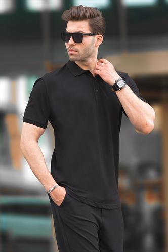 Siyah Overfit Kısa Kollu Polo Yaka Erkek Tişört 7029