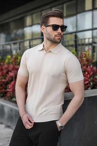 Taş Rengi Slim Fit Polo Yaka Triko Erkek Tişört E7491