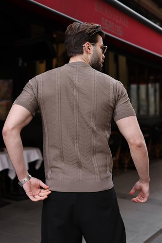 Açık Kahverengi Bisiklet Yaka Slim Fit Triko Erkek Tişört E7466