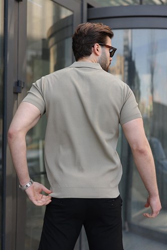 Kum Rengi Yarım Fermuarlı Polo Yaka Triko Erkek Tişört E7459