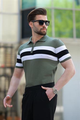 Haki Fermuarlı Polo Yaka Çizgili Erkek Tişört E7406
