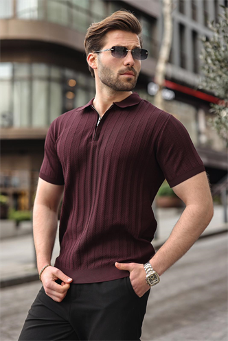 Bordo Yarım Fermuarlı Polo Yaka Erkek Kazak E7458