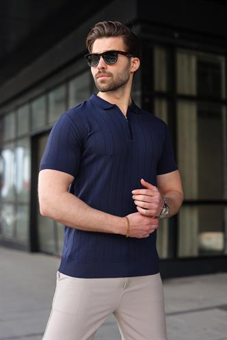 Madmext Lacivert Polo Yaka Fermuarlı Erkek T-shirt E7298