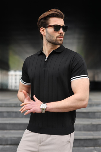 Madmext Erkek Siyah Polo Yaka Fermuarlı Tişört 6876
