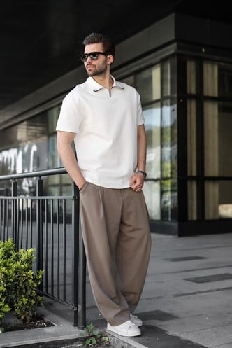 Ekru Yarım Fermuar Detaylı Polo Yaka Erkek Tişört E7184