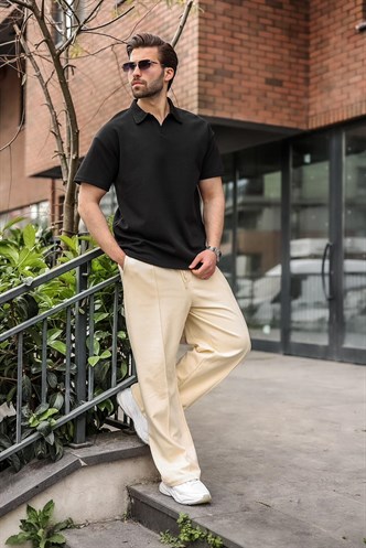 Siyah Polo Yaka Oversize Erkek Tişört E7185
