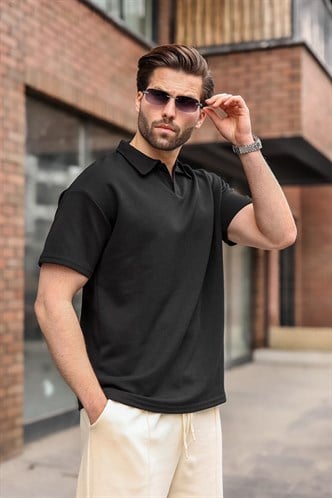 Siyah Polo Yaka Oversize Erkek Tişört E7185