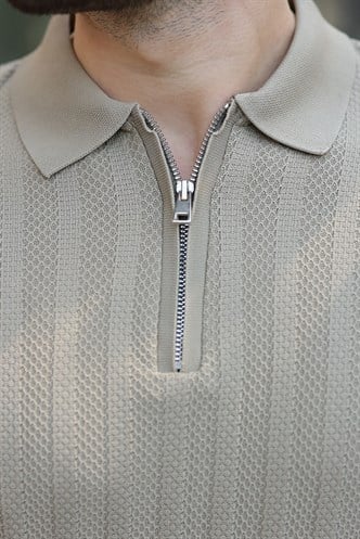 Kum Rengi Yarım Fermuarlı Polo Yaka Erkek Triko Tişört E7458