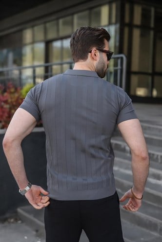 Antrasit Slim Fit Polo Yaka Triko Erkek Tişört E7491