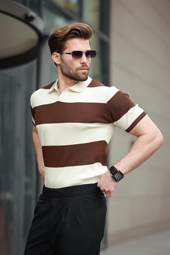 Kahverengi Polo Yaka Çizgili Erkek Triko Tişört E7411