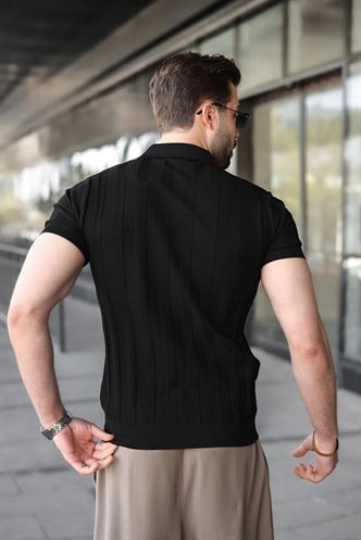Siyah Slim Fit Polo Yaka Triko Erkek Tişört E7491
