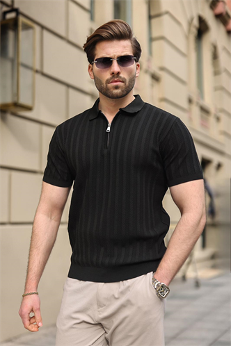 Siyah Yarım Fermuarlı Polo Yaka Erkek Triko Tişört E7458