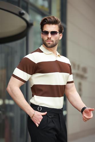 Kahverengi Polo Yaka Çizgili Erkek Triko Tişört E7411