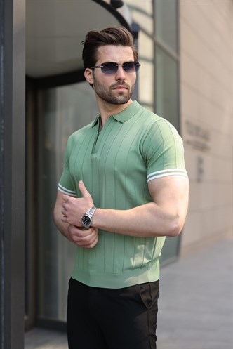 Madmext Erkek Çağla Yeşili Polo Yaka Fermuarlı Tişört 6876