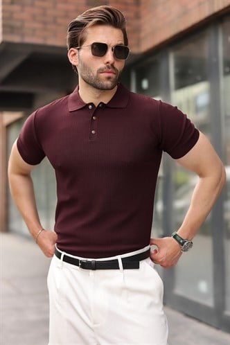 Mürdüm Çıt Kapamalı Polo Yaka Triko Erkek Tişört E7493