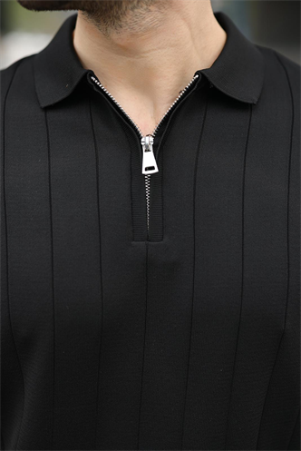 Madmext Erkek Siyah Polo Yaka Fermuarlı Tişört 6876