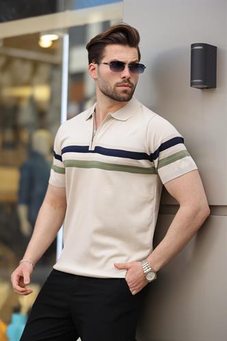 Taş Rengi Fermuarlı Polo Yaka Triko Erkek T-shirt E7299